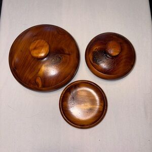 Vintage MCM 3 Pcs Handmade WoodenVanity Set Trinket Boxes & Ring Holder/Tray